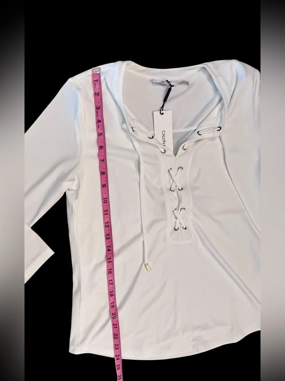Women’s Calvin Klein White 3/4 Sleeve Lace-Up Shirt Top NWT Small - Picture 3 of 7